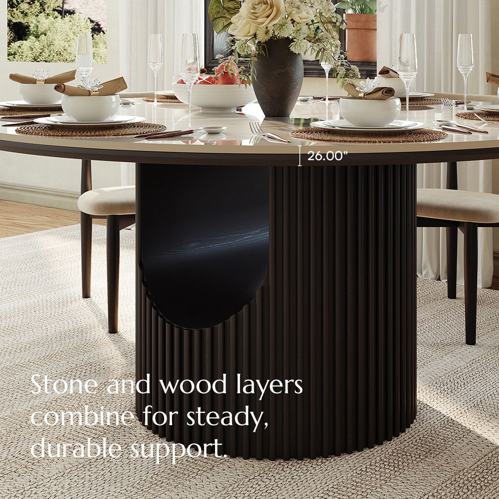 Silva Round Glossy Sintered Stone & Walnut Wood Dining Table - Exclusivia