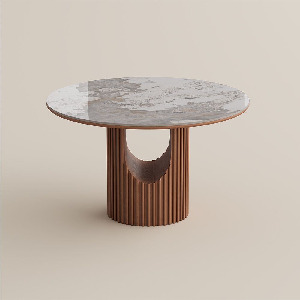 Silva Round Glossy Sintered Stone & Walnut Wood Dining Table - Exclusivia