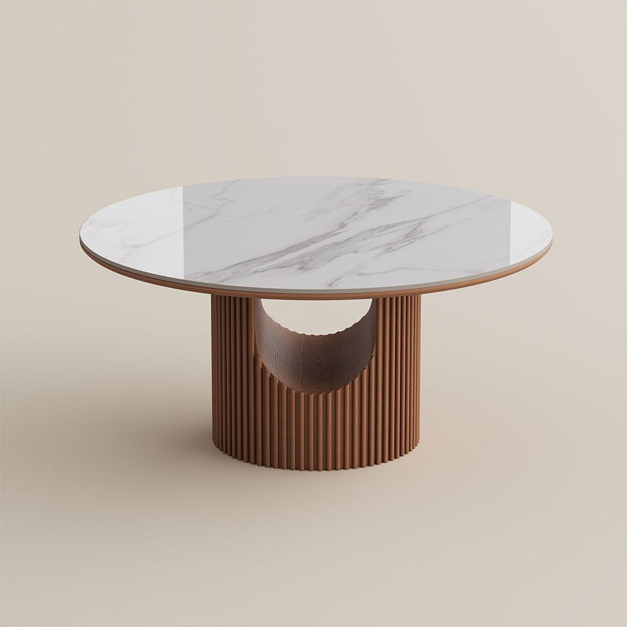 Silva Round Glossy Sintered Stone & Walnut Wood Dining Table - Exclusivia