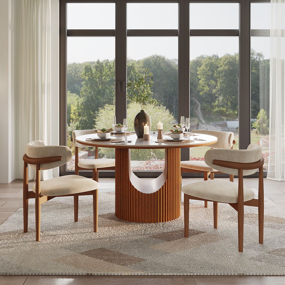 Silva Round Glossy Sintered Stone & Walnut Wood Dining Table - Exclusivia