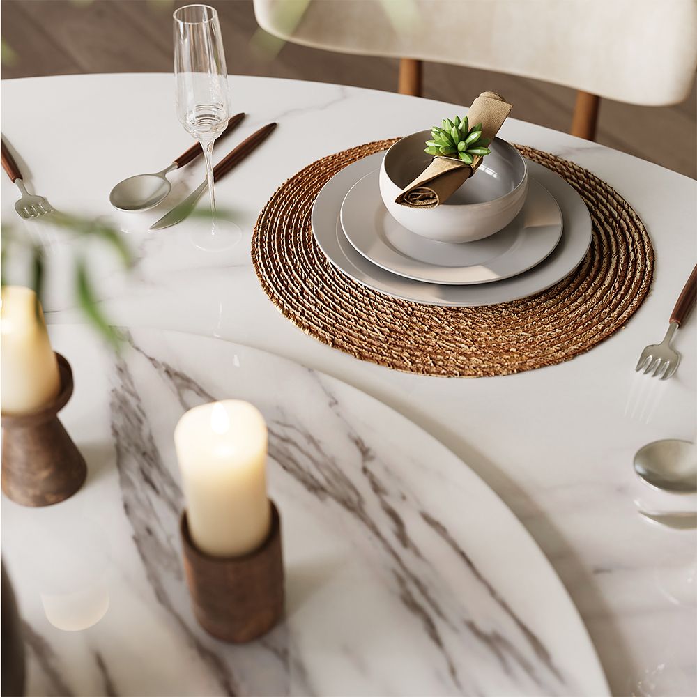 Silva Round Glossy Sintered Stone & Walnut Wood Dining Table - Exclusivia