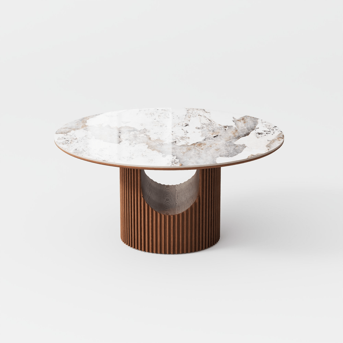 Silva Round Glossy Sintered Stone & Walnut Wood Dining Table - Exclusivia