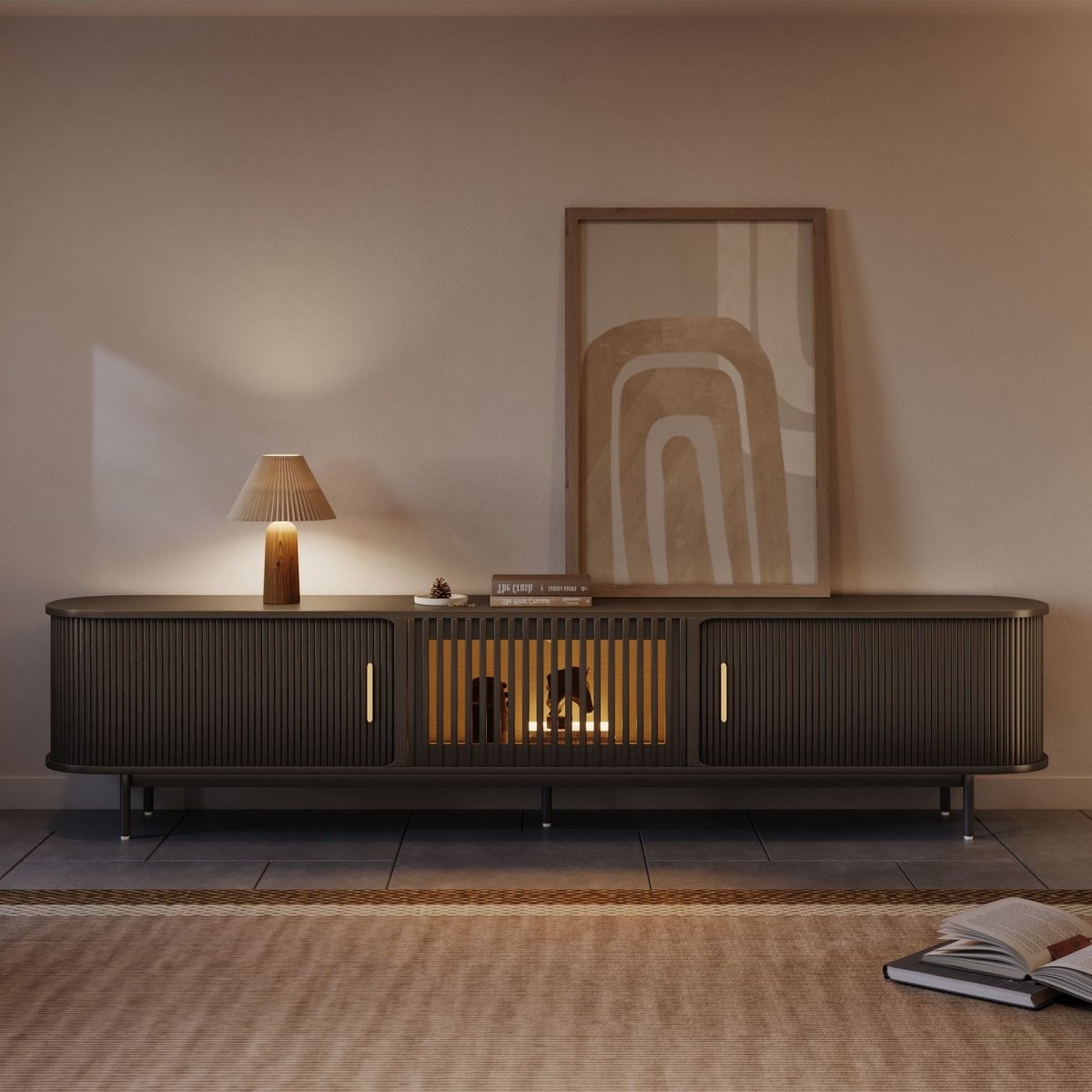 Solvra Mid - Century Tambour Door TV Stand - Exclusivia