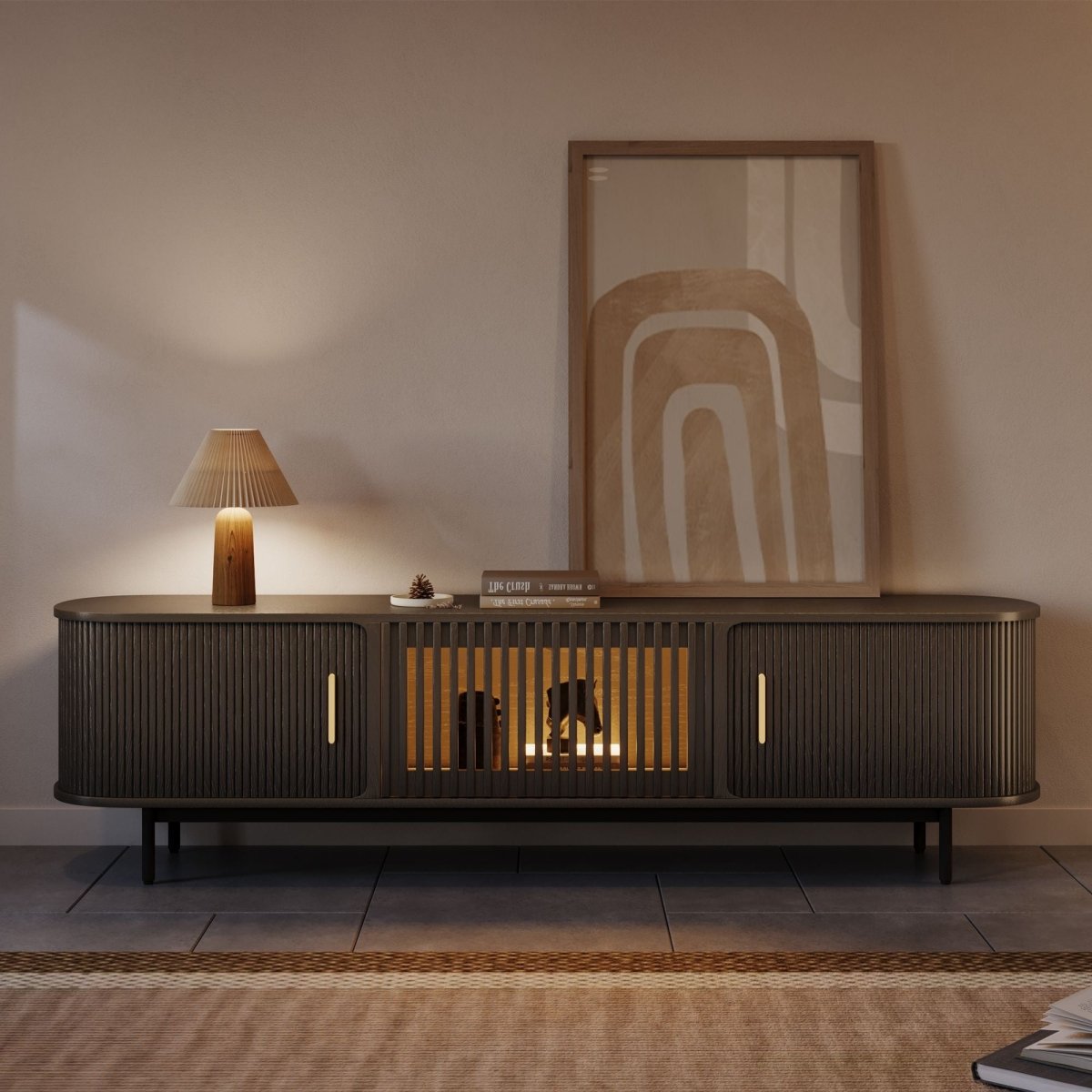 Solvra Mid - Century Tambour Door TV Stand - Exclusivia