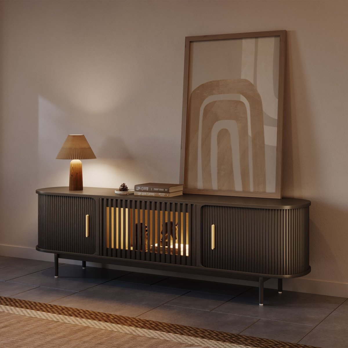 Solvra Mid - Century Tambour Door TV Stand - Exclusivia