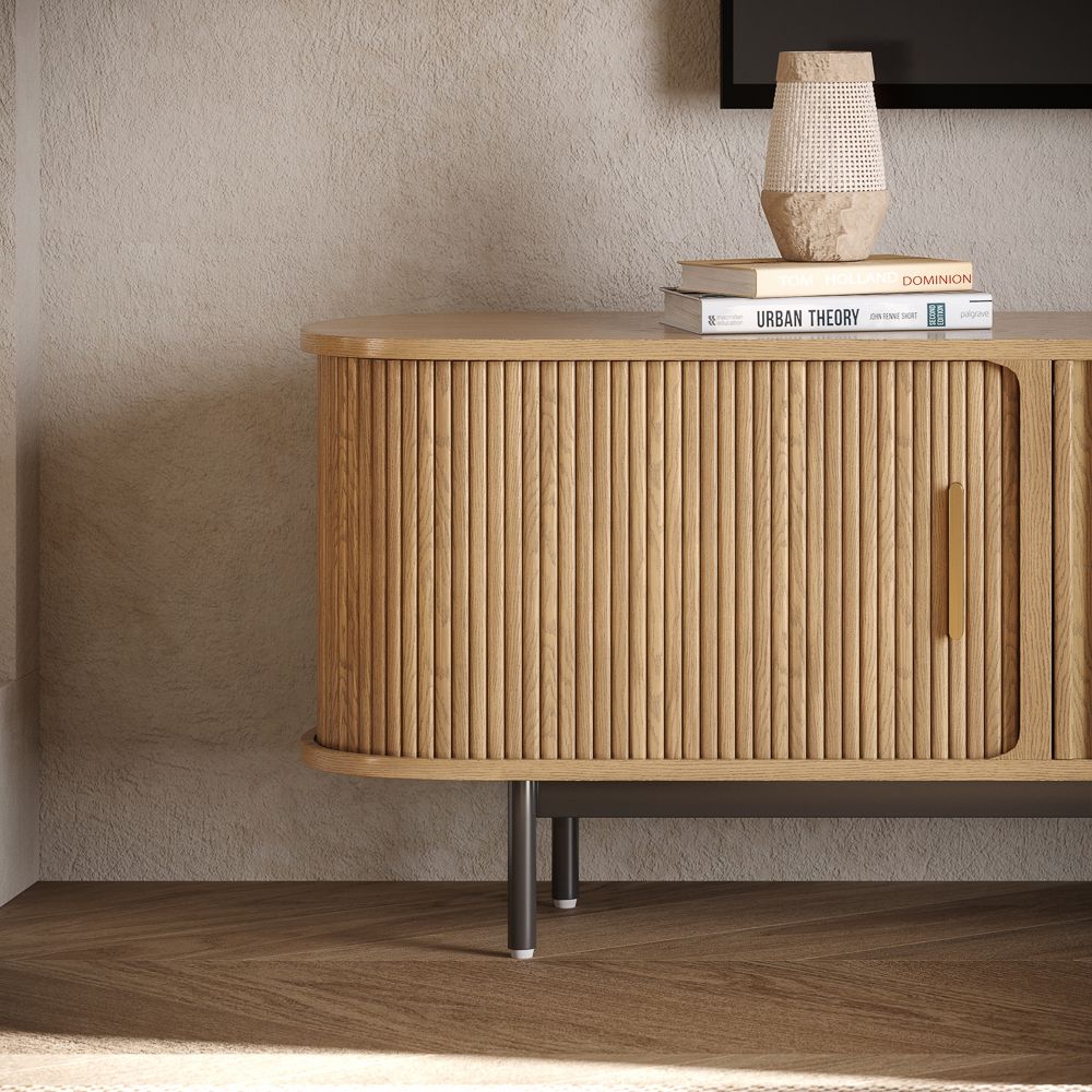 Solvra Mid - Century Tambour Door TV Stand - Exclusivia