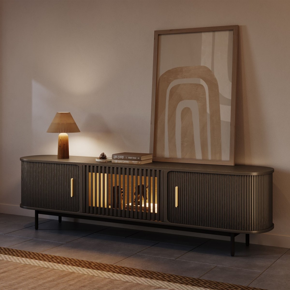 Solvra Mid - Century Tambour Door TV Stand - Exclusivia