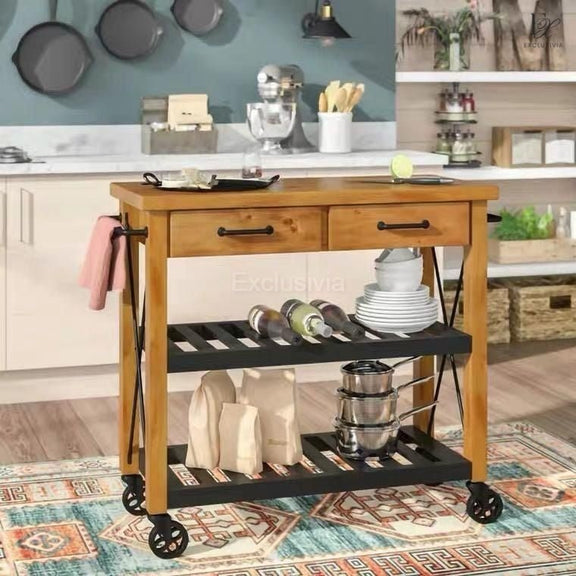 ORACLE Pine Kitchen Island Trolley - Exclusivia