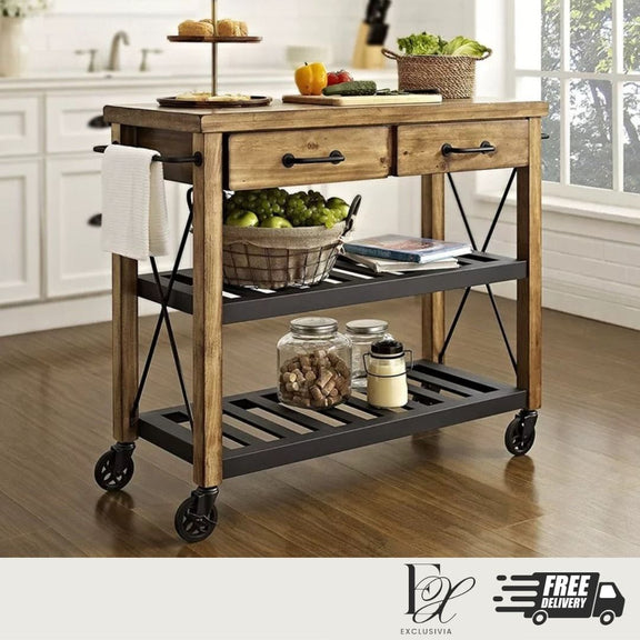 ORACLE Pine Kitchen Island Trolley - Exclusivia